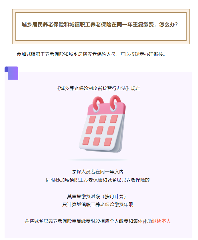 城乡居民养老保险和城镇职工养老保险在同一年重复缴费，怎么办？