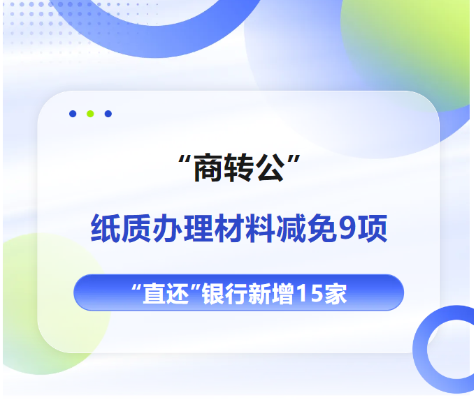 “商转公”纸质办理材料减免9项！“直还”银行新增15家，共53家啦！